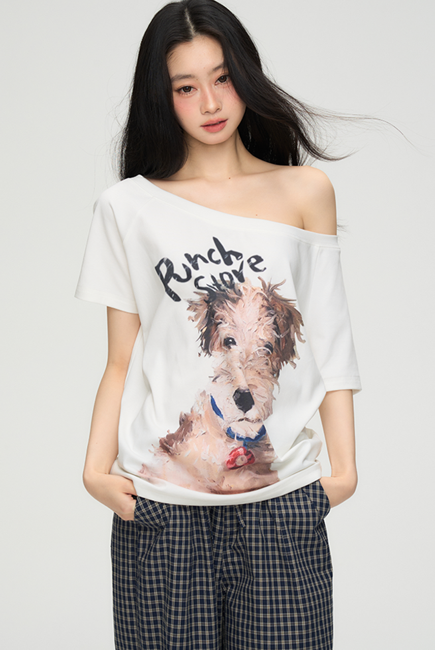 Puppy Print One Shoulder T-shirt PUN0069