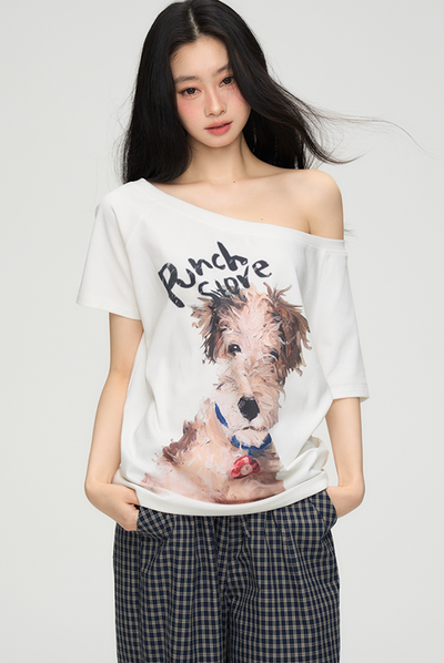Puppy Print One Shoulder T-shirt PUN0069