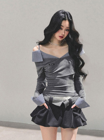 Off-Shoulder Long-Sleeve Plaid T-Shirt DIA0692