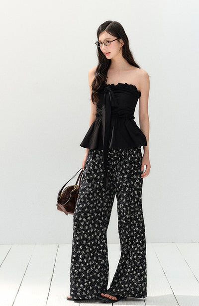 Black Lazy Drape Flower Pants SHI0145