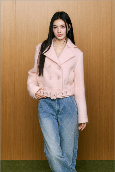 Fashionable High-end Pink Woolen Short Jacket AGM0086