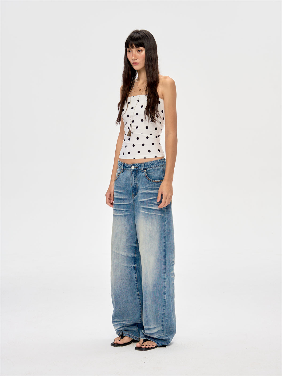 Washed Blue Drape Wide-leg Jeans CUR0216
