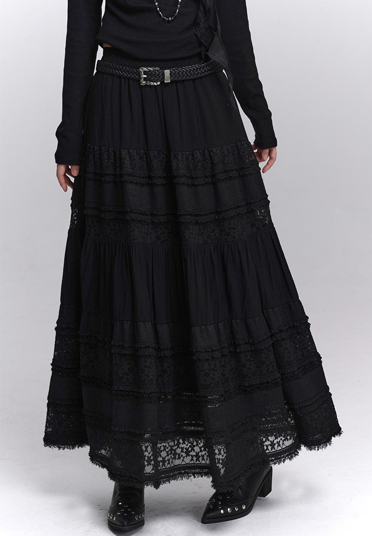 Black Lace A-line Long Skirt LAD0235