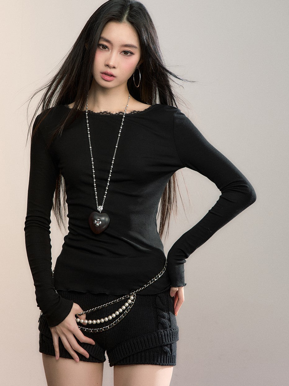 Reversible Lace-Trimmed Long-Sleeve T-Shirt VIA0360