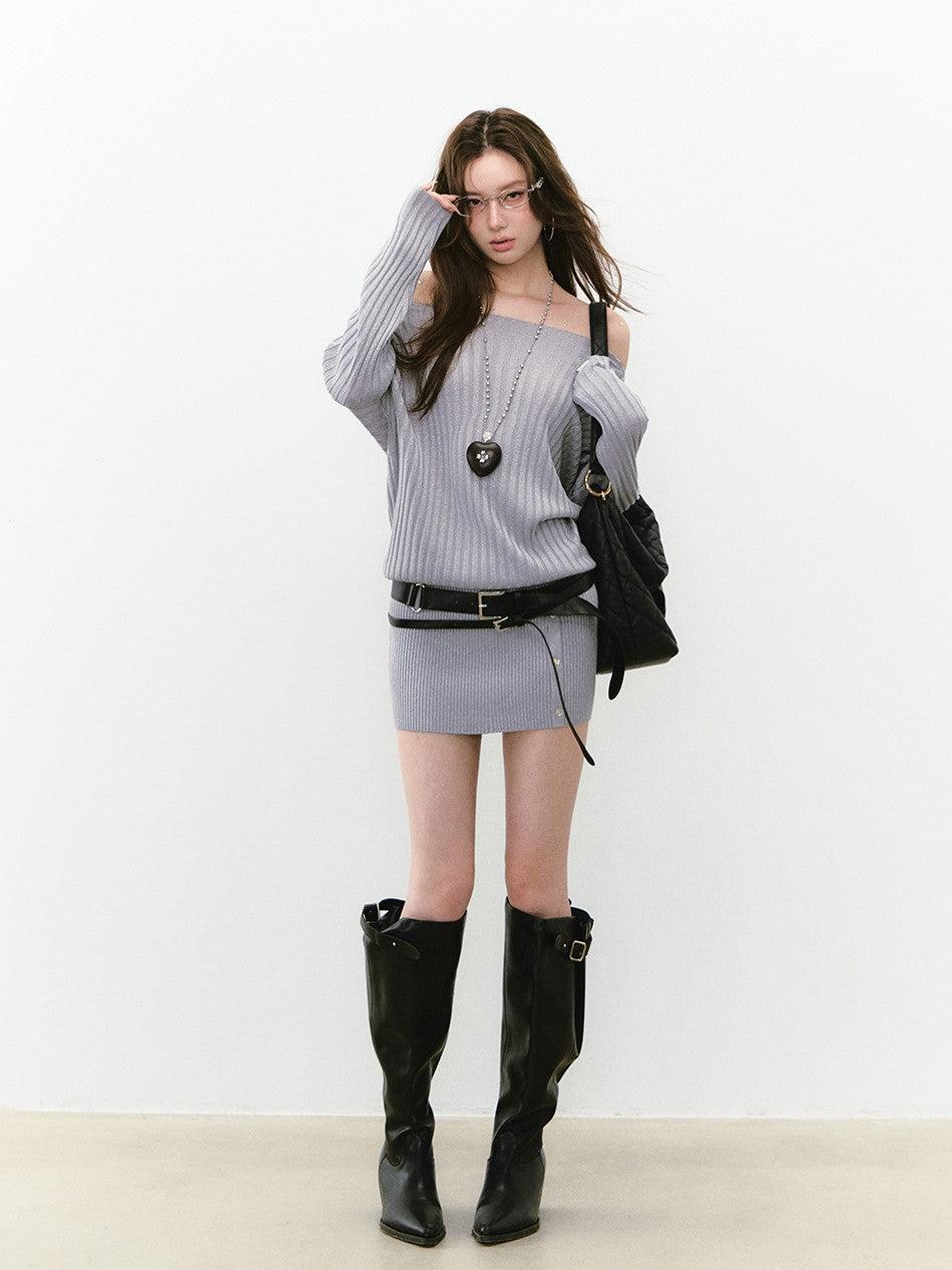 Off Shoulder Button Knitted Dress VIA0267