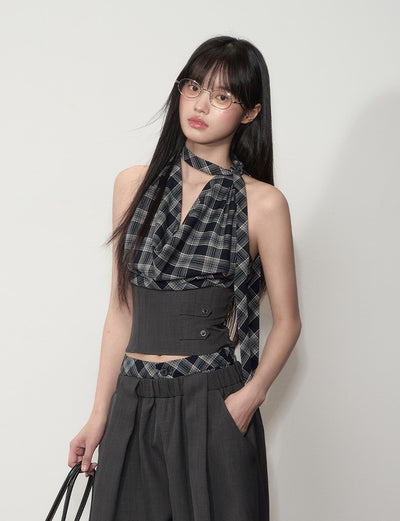 Plaid Halter Neck Top/Loose Suit Pants SOO0011