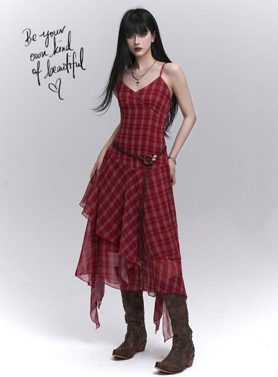 Irregular Hem Plaid Suspender Dress LAD0186