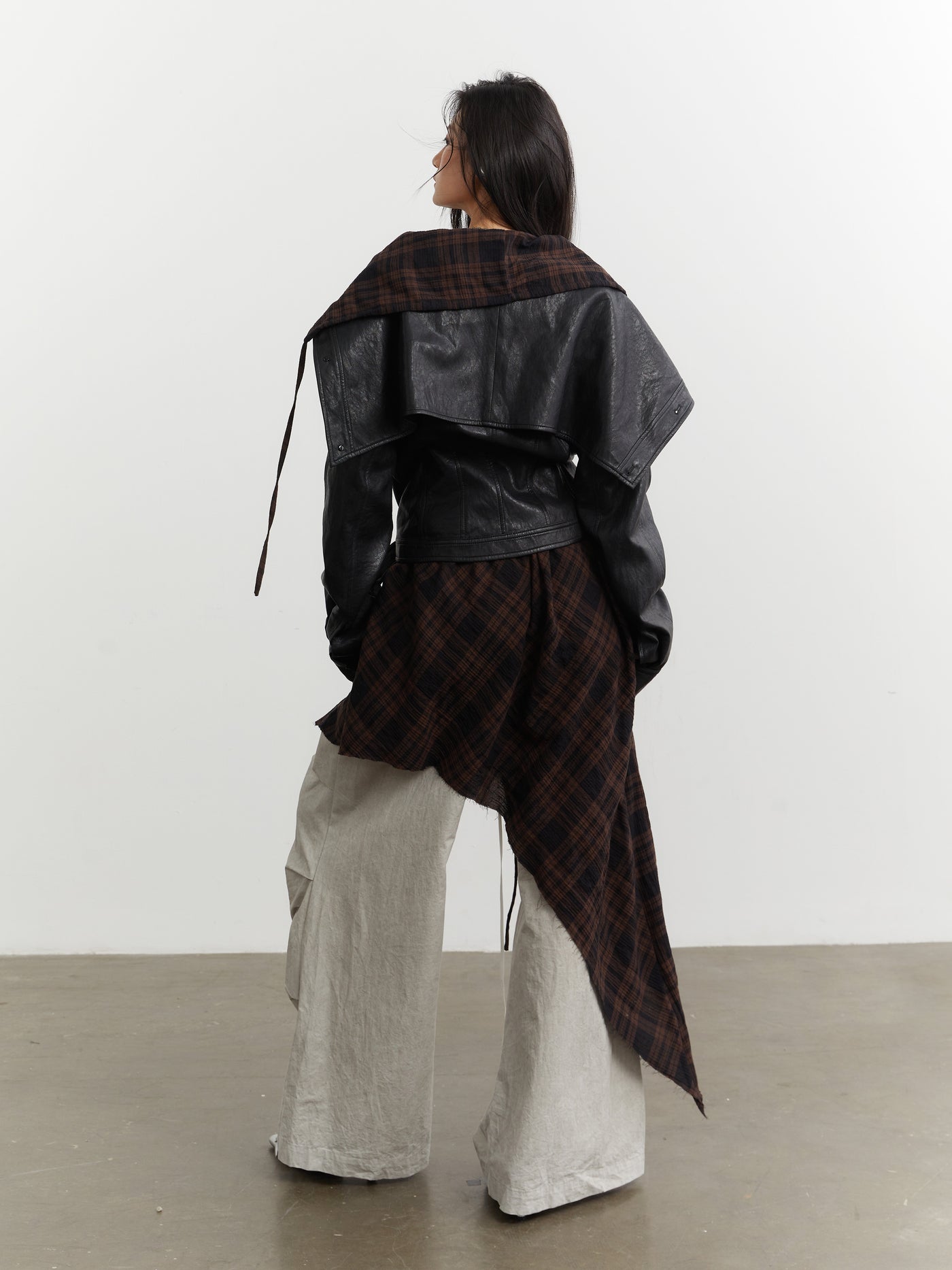Plaid Stitching Leather Jacket+Skirt JNY0251