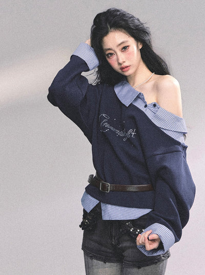 Fake Two-piece One Shoulder Plaid Sweatshirt DIA0626