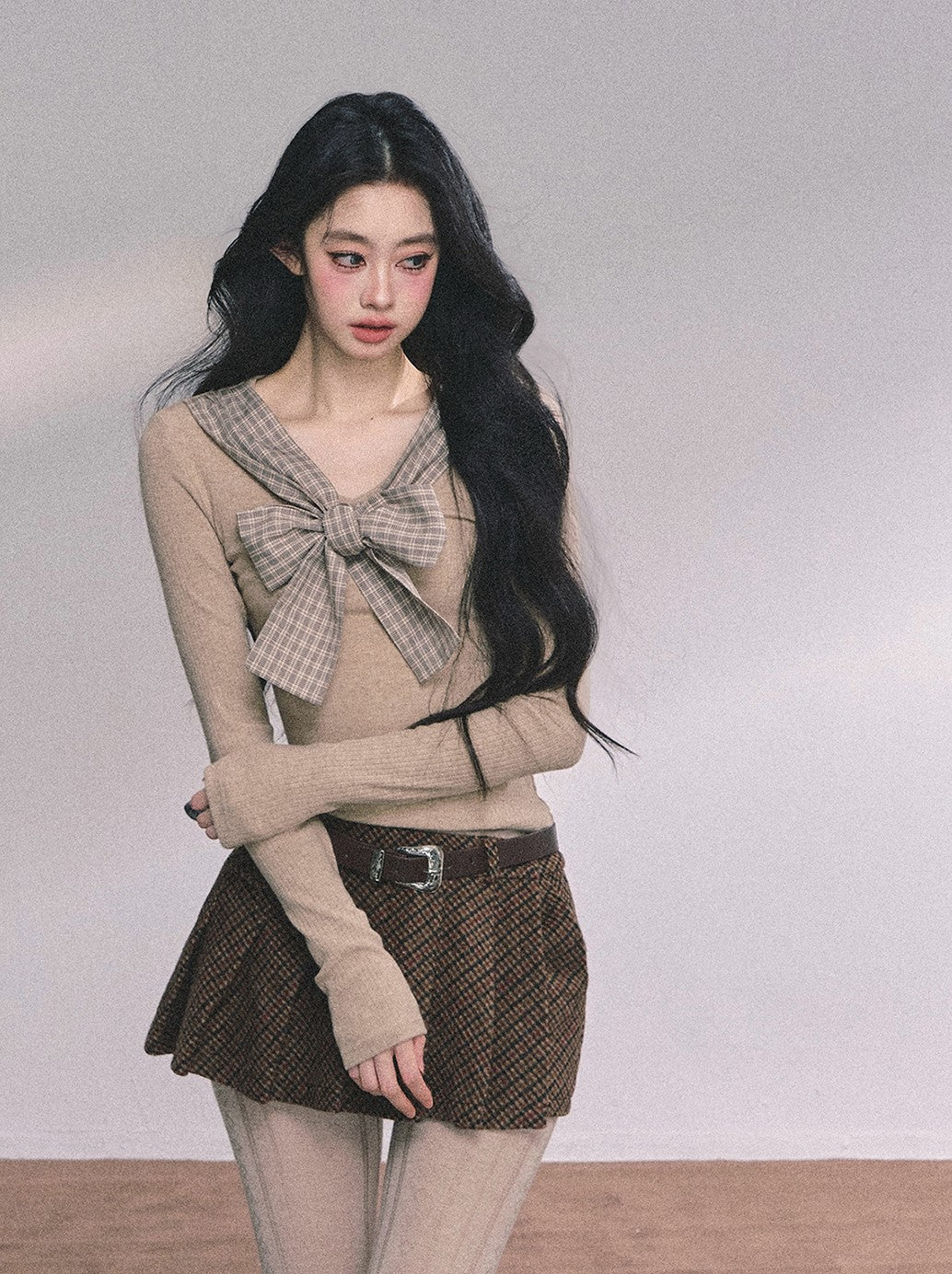 Fake Two-piece Bow Plaid Knit DIA0612