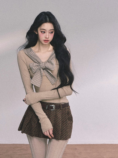 Fake Two-piece Bow Plaid Knit DIA0612