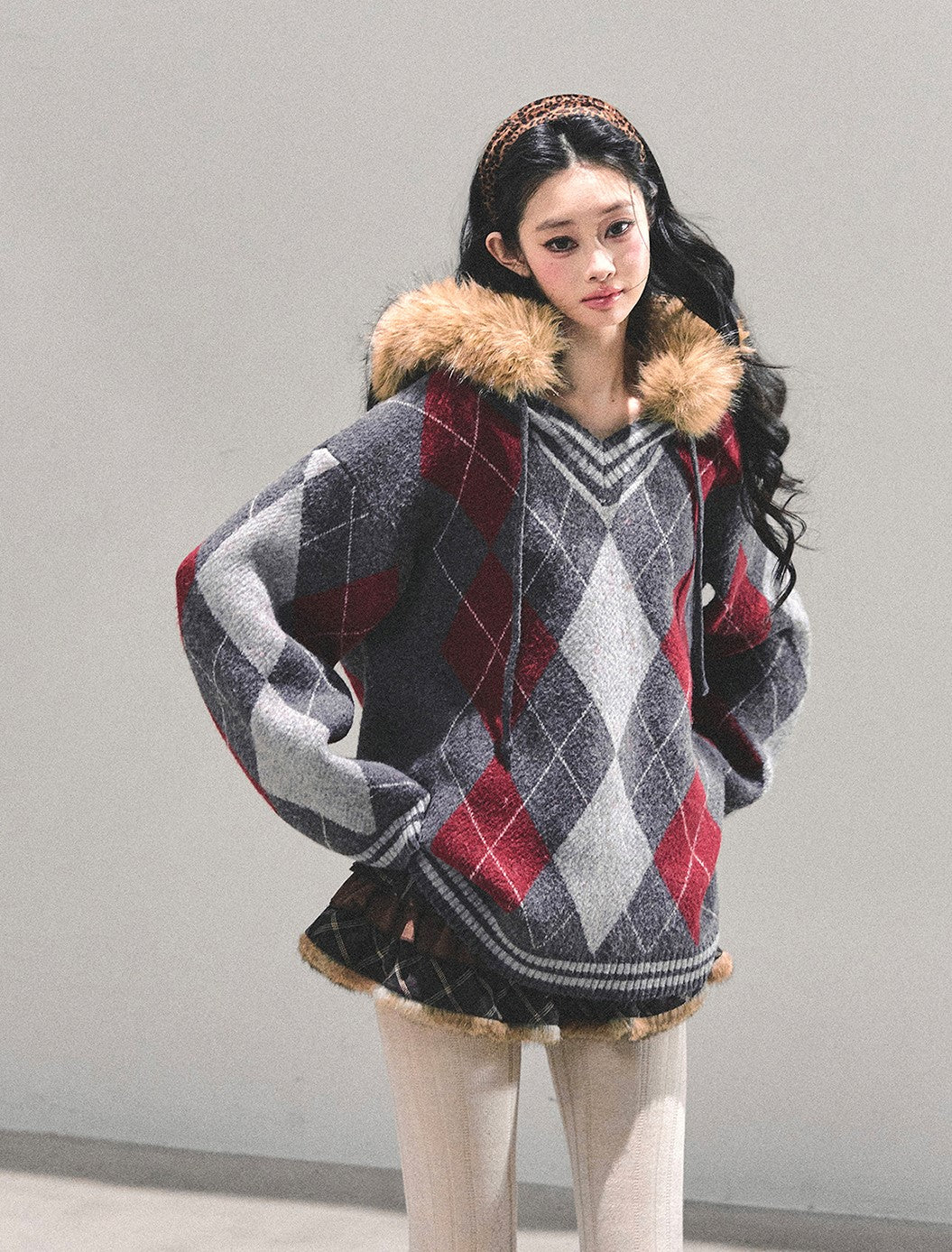 American Preppy Style Fur-Collar Argyle Sweater DIA0696