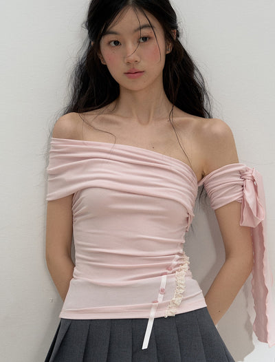 Off-shoulder Ribbon T-shirt SUN0132