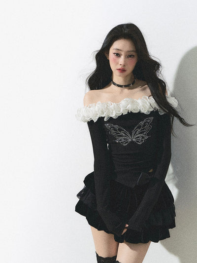 Butterfly Design One-shoulder Lace Long-sleeved Slim T-shirt DIA0260