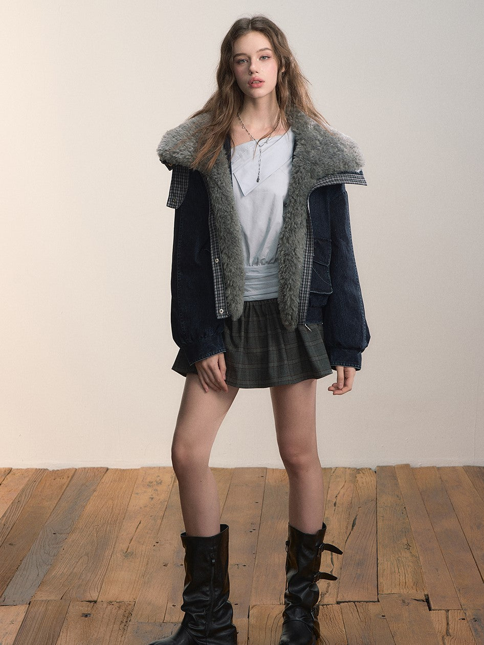 Velvet Denim Large Fur Collar Jacket VIA0362