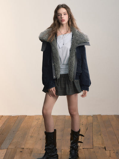 Velvet Denim Large Fur Collar Jacket VIA0362