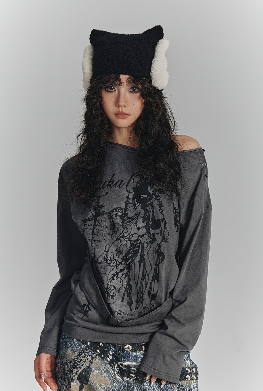Print One Shoulder Loose T-shirt KIN0134