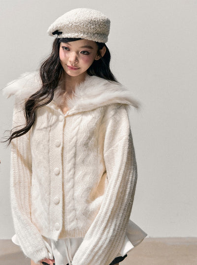 Large Fur Collar Knit Cardigan DIA0733