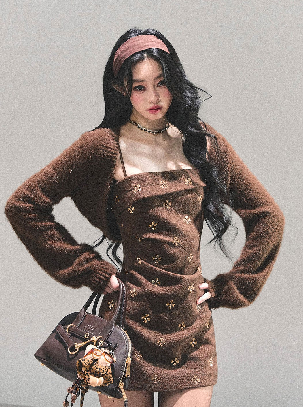 Brown French-style Camisole Dress/Short Cardigan DIA0660