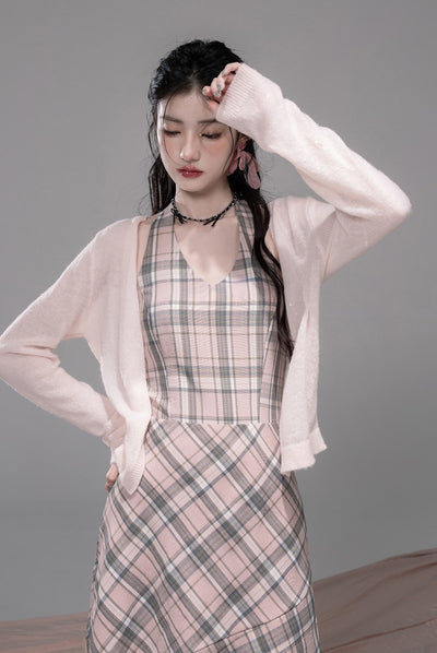 Cherry Pink Plaid Halter Neck Dress COT0341