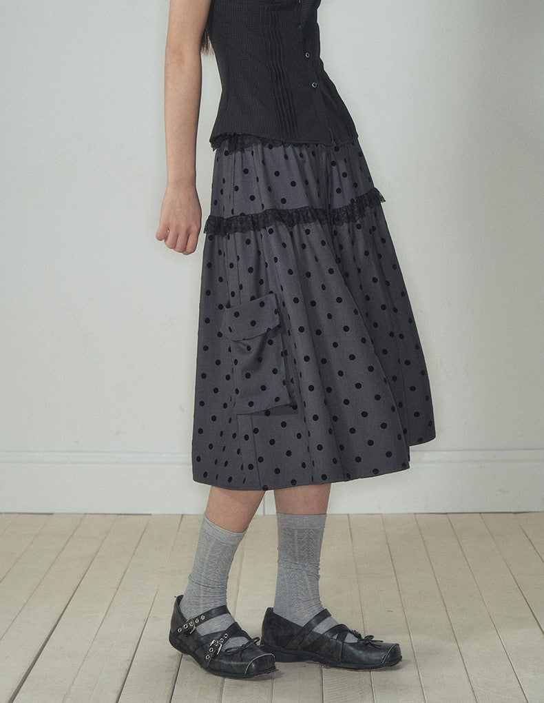 Gray Polka Dot Pocket Midi Skirt SOO0013