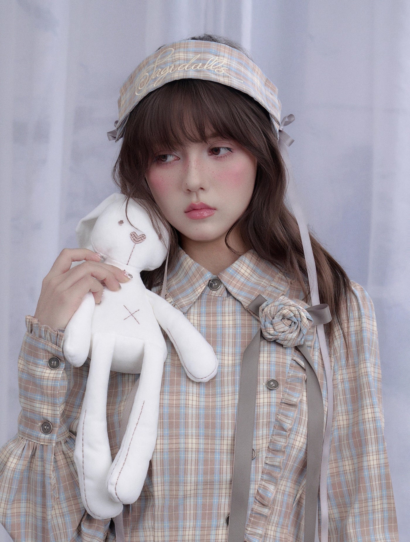 Plaid Rose Brooch Asymmetrical Shirt/Headband SAG0294