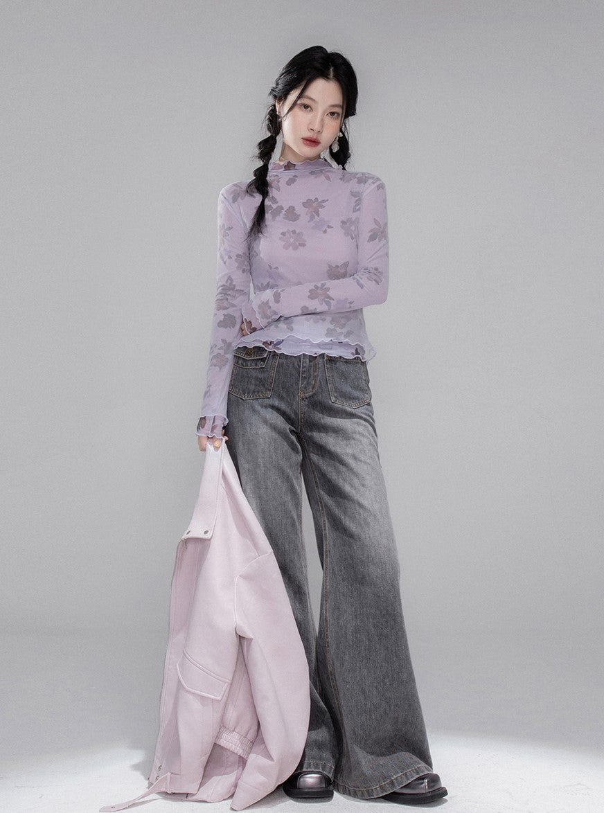 Layered Purple Flower Mesh Shirt COT0351