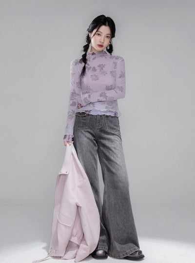 Layered Purple Flower Mesh Shirt COT0351