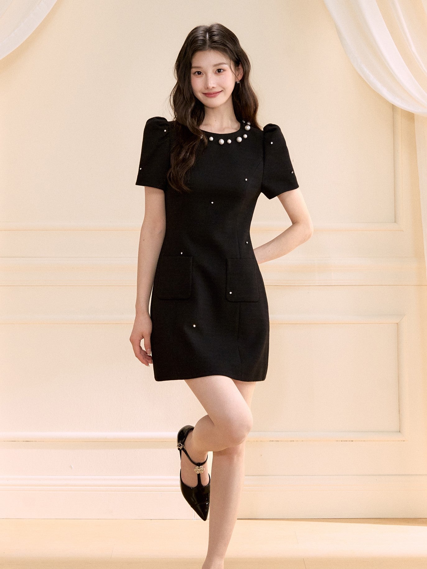 Starry Beaded Puff Sleeves Dress OSH0124