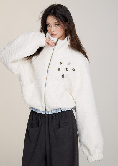 Teddy Bear Fur Button Decorated Short Jacket VIA0182