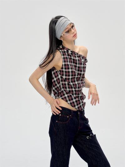 Retro Off-shoulder Plaid Top CUR0208