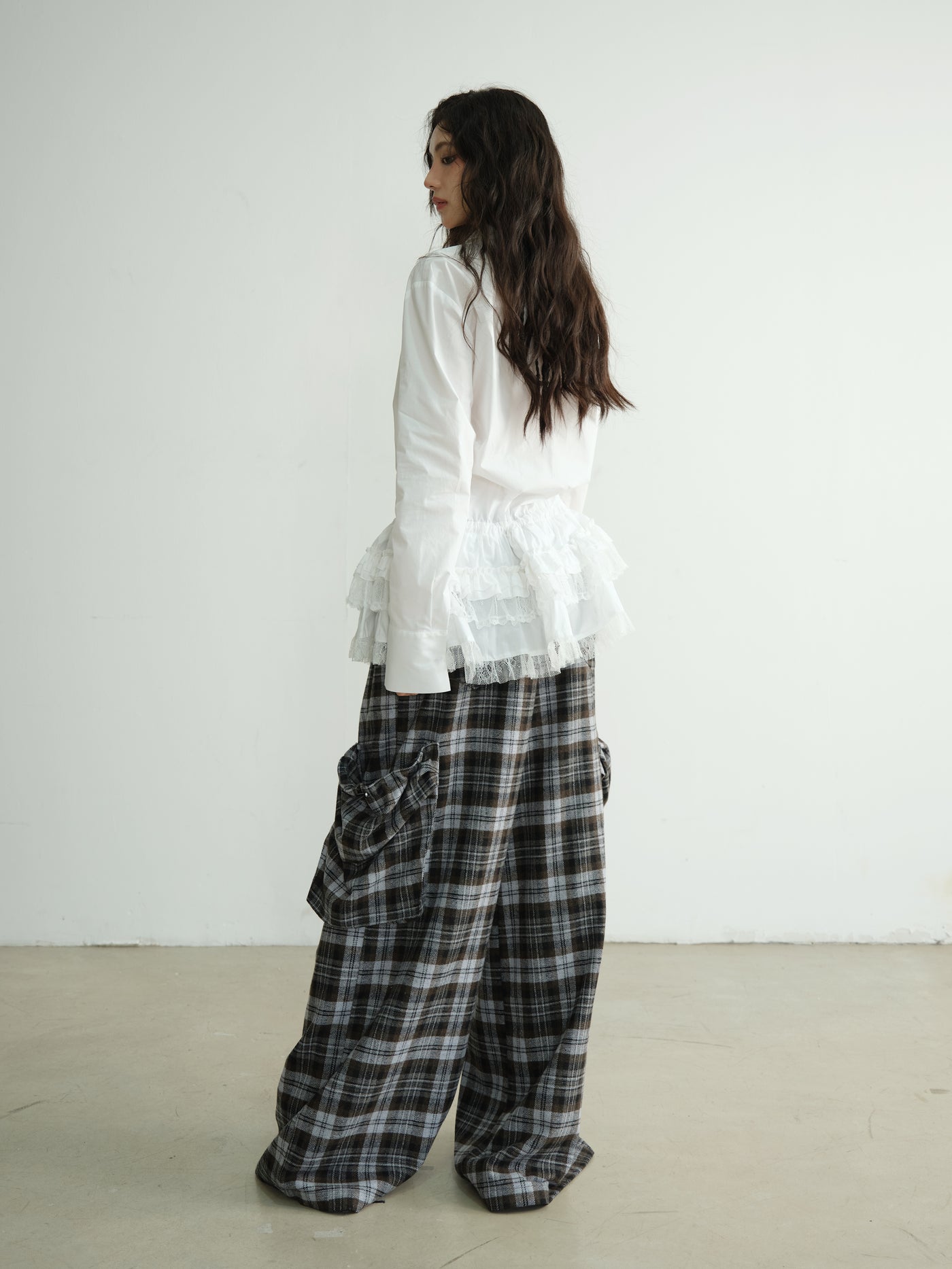 Lazy Relaxed Three-dimensional Large Pocket Plaid Wide-leg Pants JNY0188