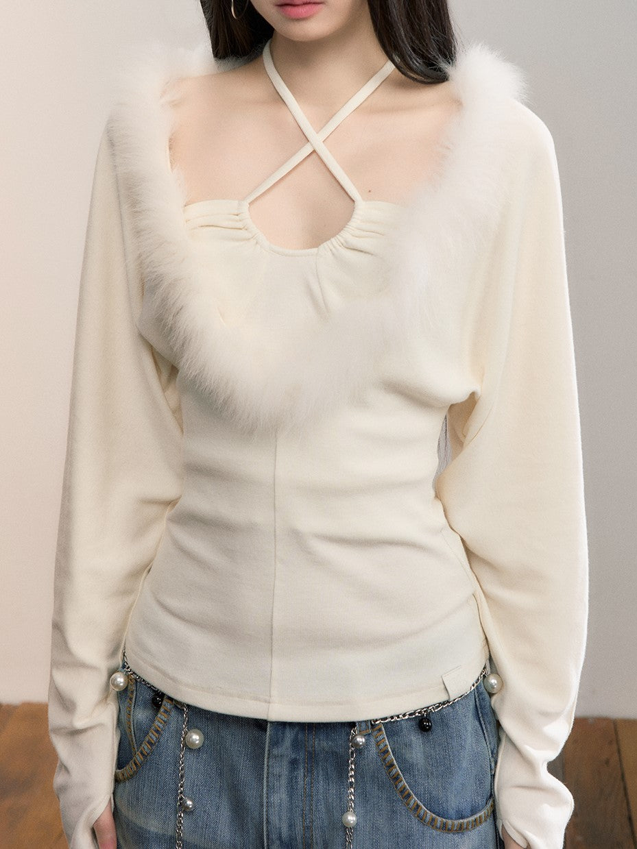 Faux Two-piece Fur Collar T-shirt VIA0359