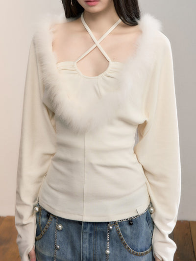 Faux Two-piece Fur Collar T-shirt VIA0359