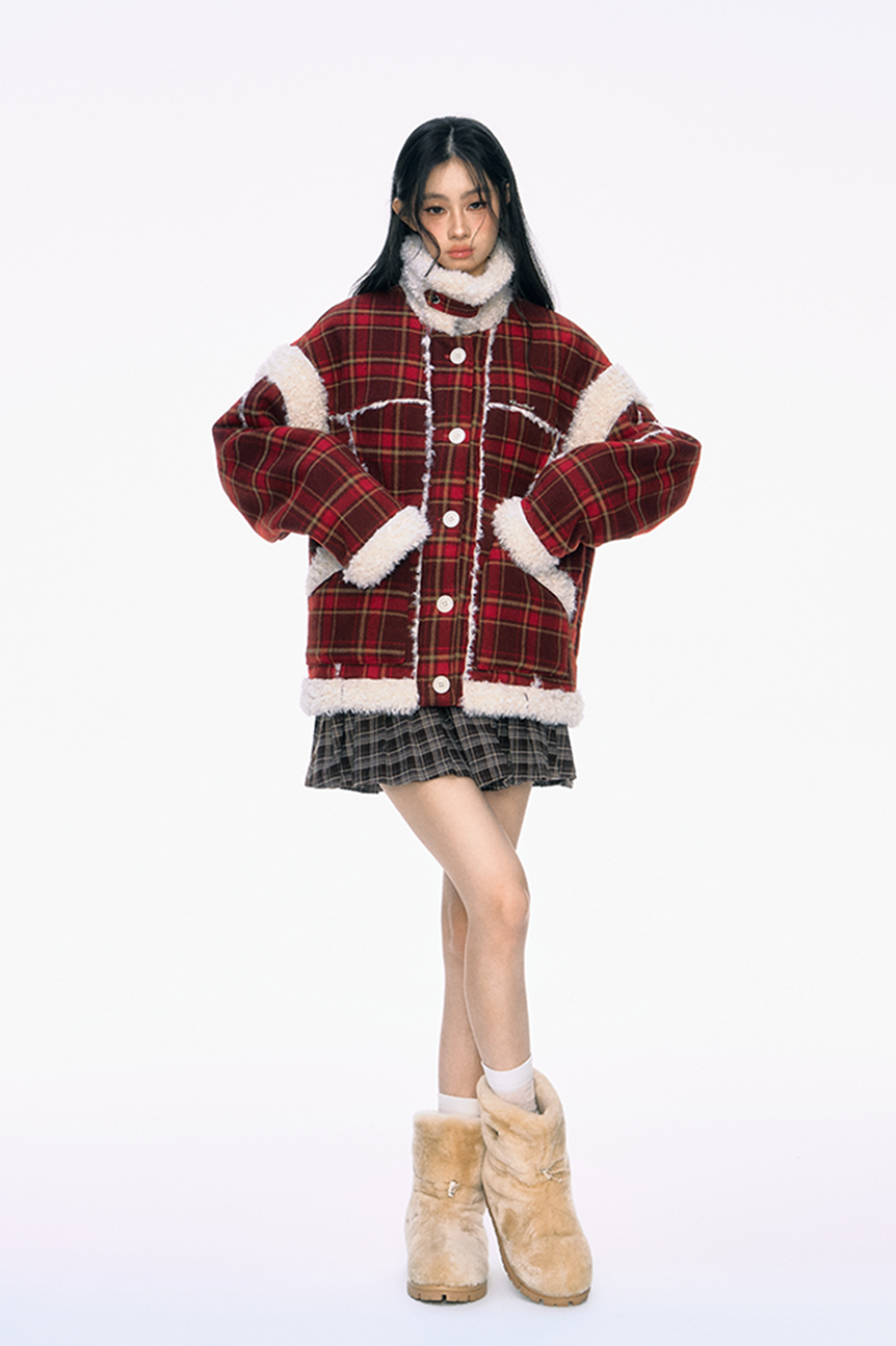 Red Plaid Woolen Fur Coat PUN0040