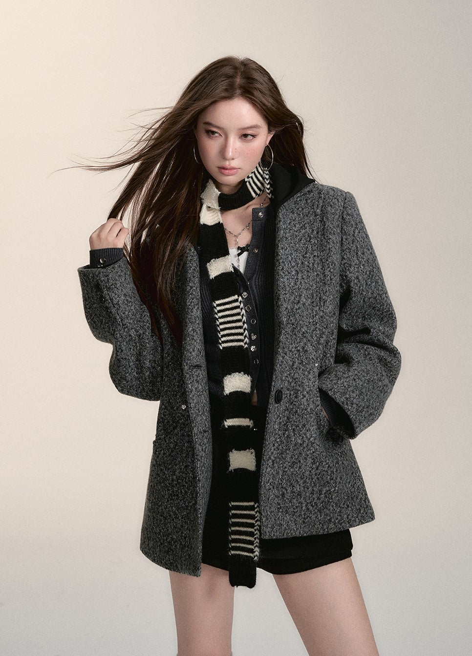 Woolen Two-way Hooded Cotton Versatile Jacket VIA0188