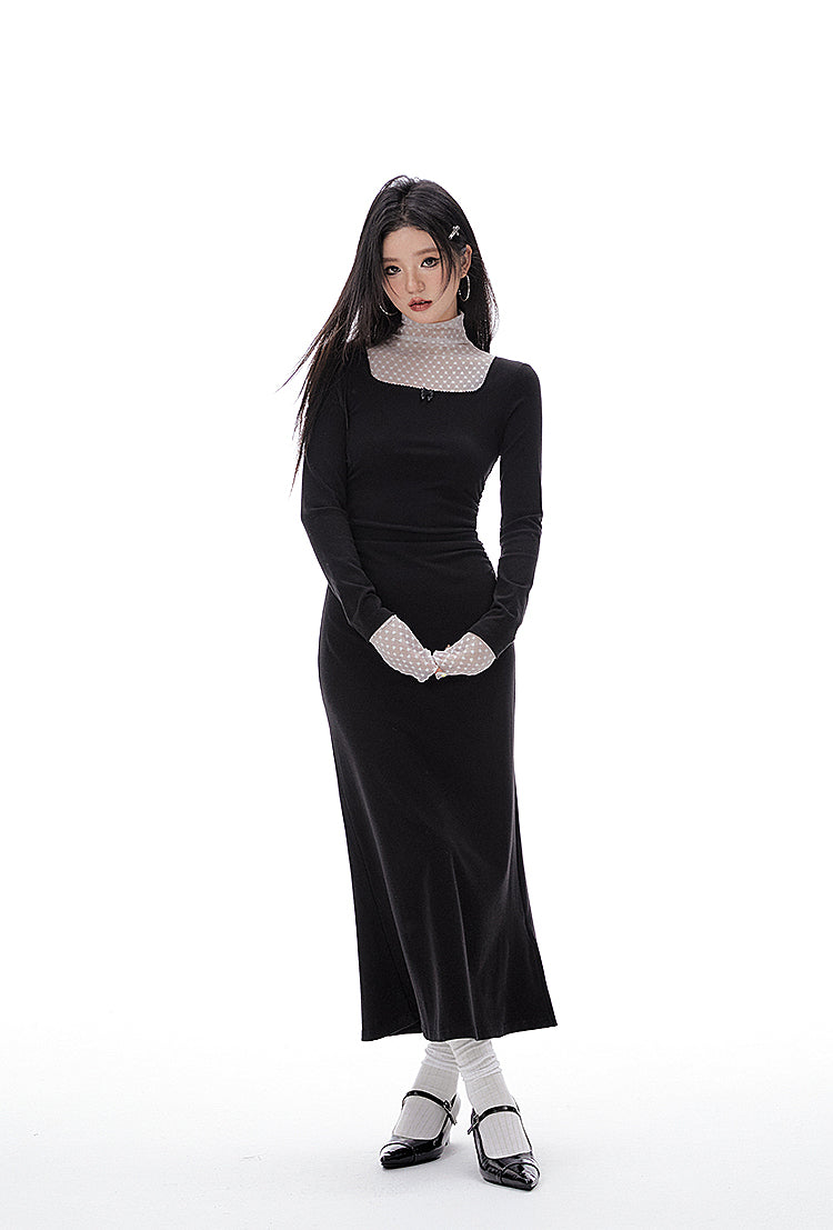 Fake Two-piece Pleated Waist Mesh Half-turtleneck Mermaid Tail Dress IMO0070