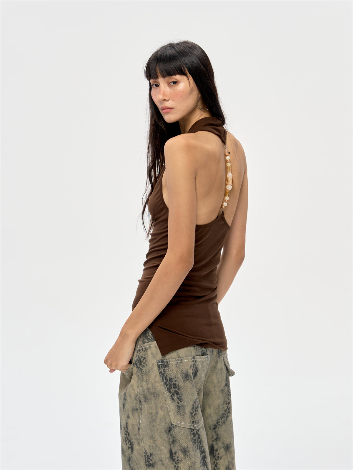 Backless Beaded Swing Collar Top CUR0212