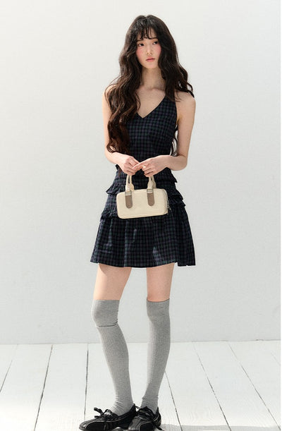 Sleeveless Plaid Navy Dress SHI0147
