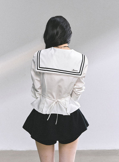 Lace Bow Navy Collar Shirt DIA0554