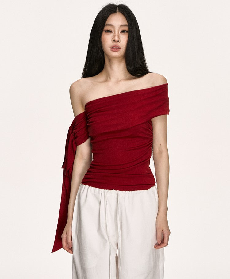 Irregular Oblique Shoulder Ribbon Red Top ANA0013