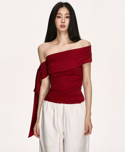 Irregular Oblique Shoulder Ribbon Red Top ANA0013