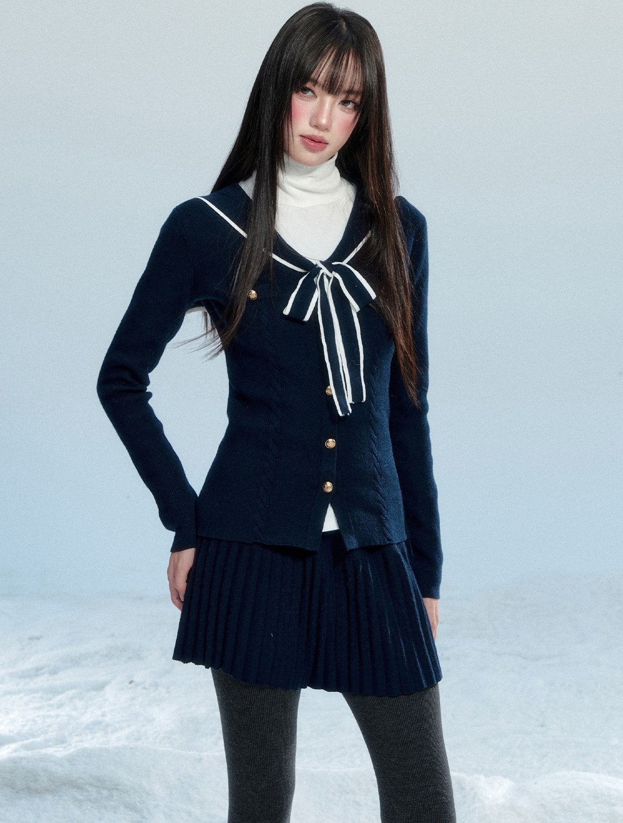 Navy Collar Bow Tie Cardigan/Pleated Skirt FRA0483