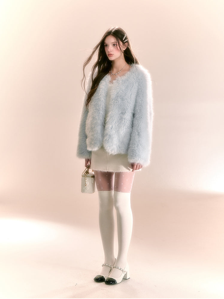 Luxury Wear Small Imitation Fur Blue Short Coat QDQ0104