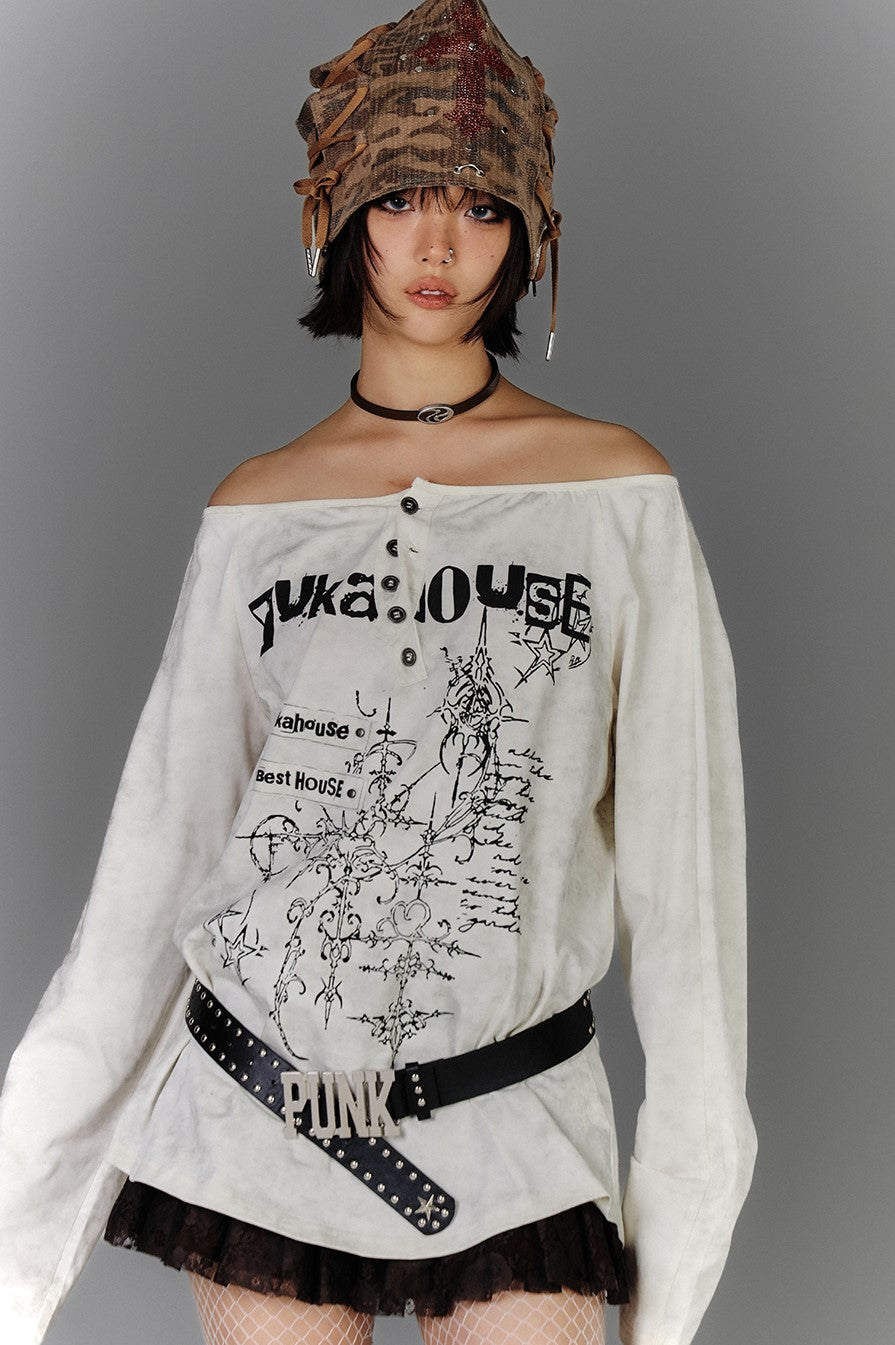 One-shoulder Henley Collar Punk T-shirt KIN0138