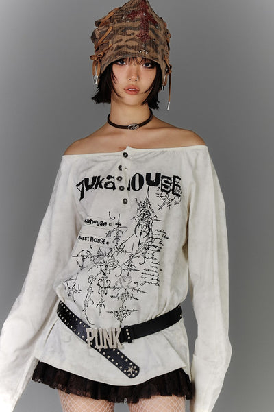 One-shoulder Henley Collar Punk T-shirt KIN0138