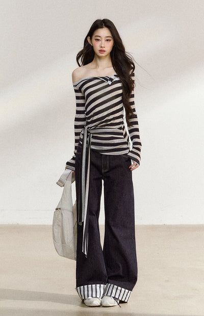 Oblique Shoulder Tie Striped T-shirt SHI0213