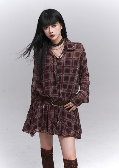 Red Brown Long-Sleeved Plaid Shirt Dress LAD0226
