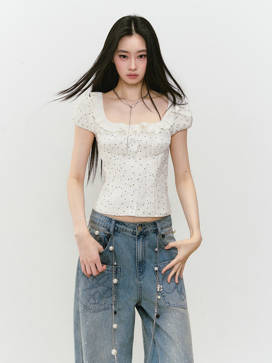 Lace Polka Dot Short-sleeved T-shirt VIA0297
