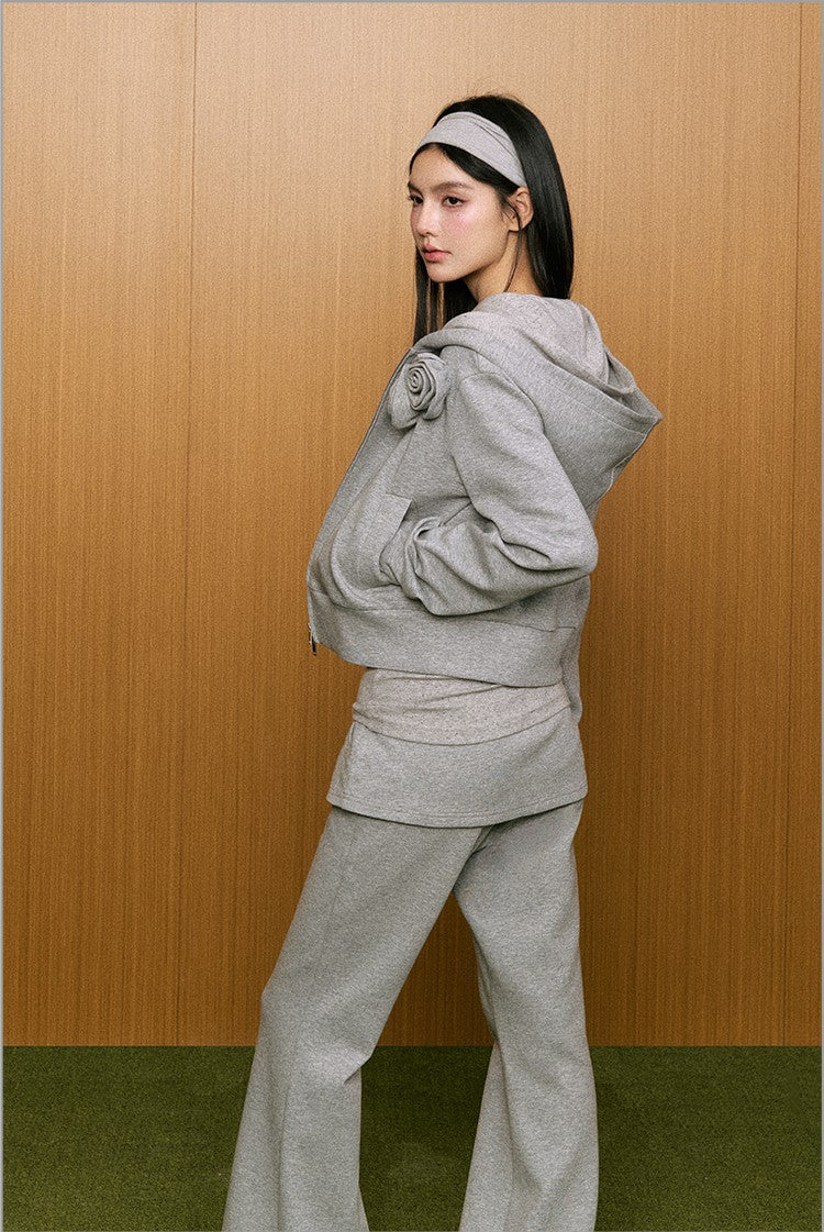 Three-dimensional Rose Design Gray Short Hooded Sweatshirt/Sweatpants AGM0073